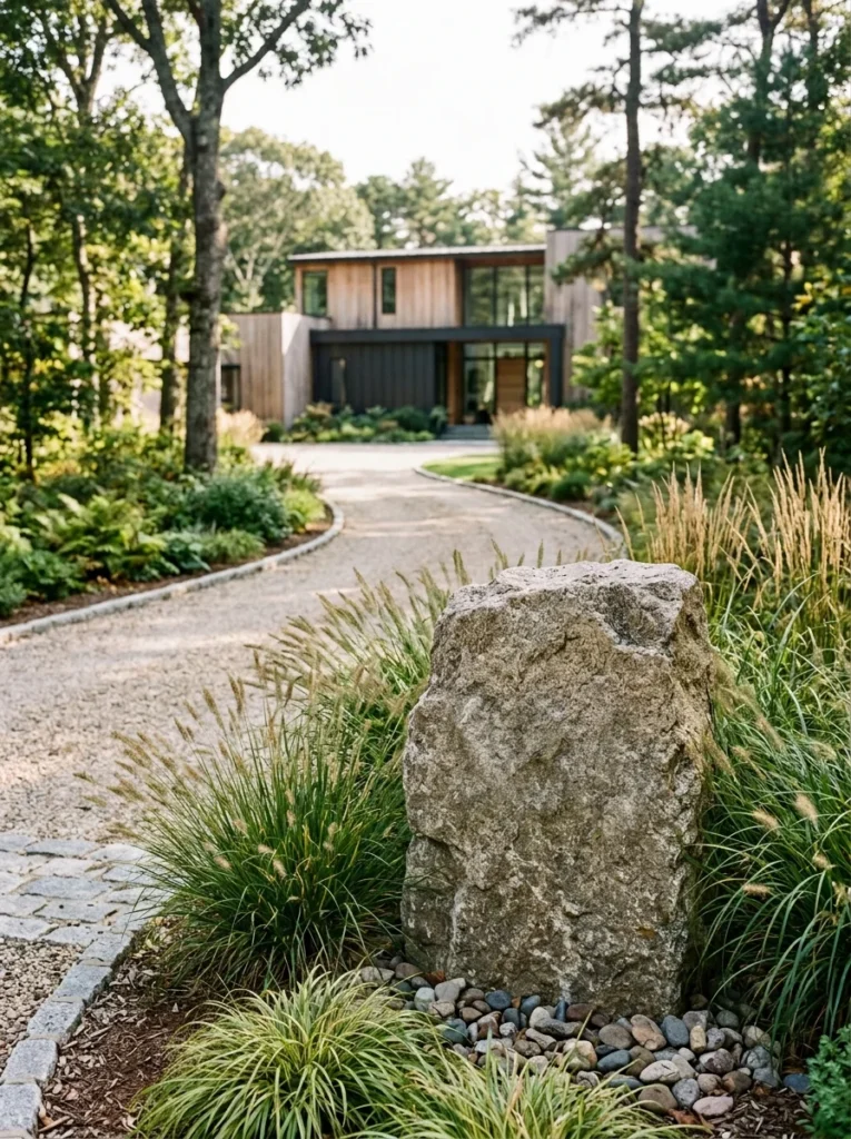 Modern house numbers displayed on a stone marker.