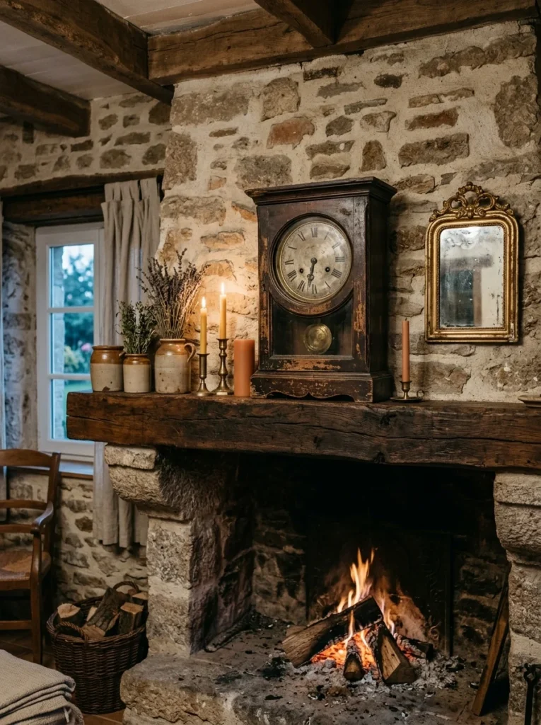 Weathered vintage mantel clock decorating a French country fireplace.