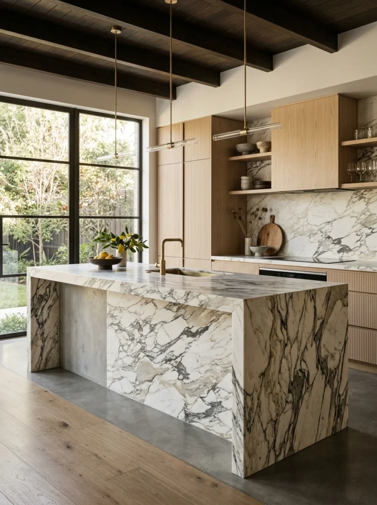 Handmade zellige tile backsplash adding texture and natural variation to a kitchen.