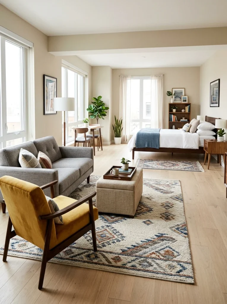 Large area rug defining the living zone in an open-plan studio apartment.