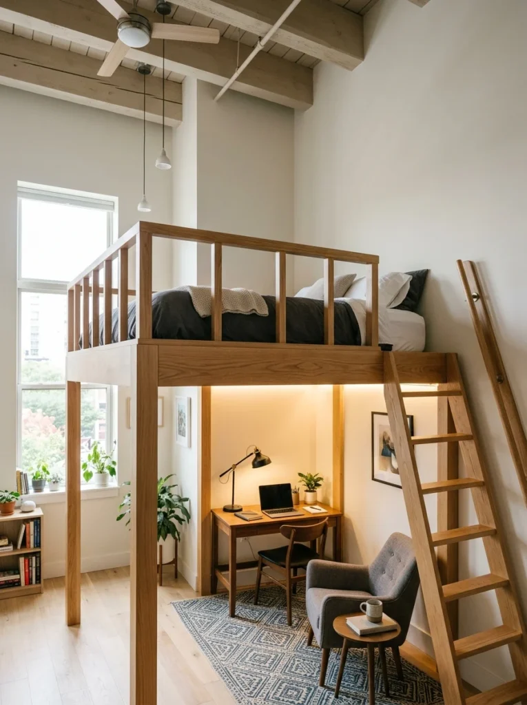 Loft bed creating space underneath for a desk and seating area in a small studio apartment.