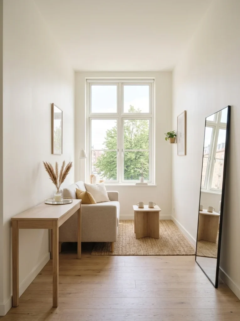 Large mirror positioned opposite a window to reflect natural light through a small apartment.