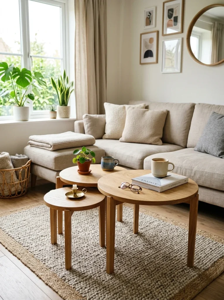 t: Set of round nesting tables providing flexible extra surface space in a living room.