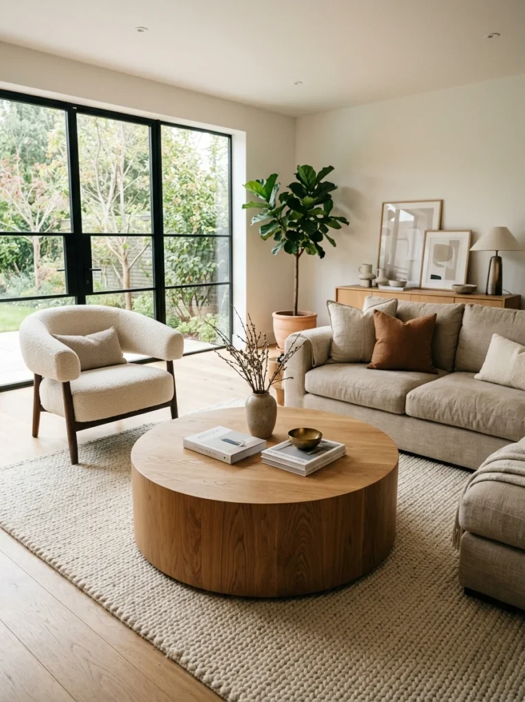 Round coffee table creating softer lines and easier movement in a modern living room.