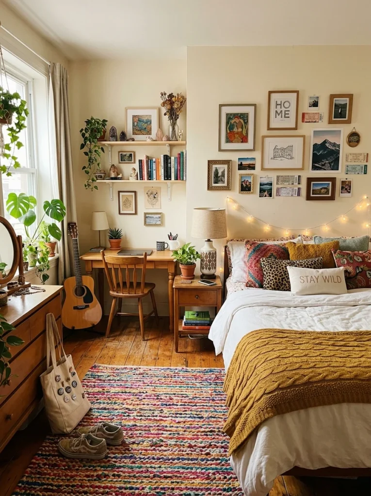 Personalized teen bedroom featuring a teen-selected rug, lighting, pillows, and decorative accessories.