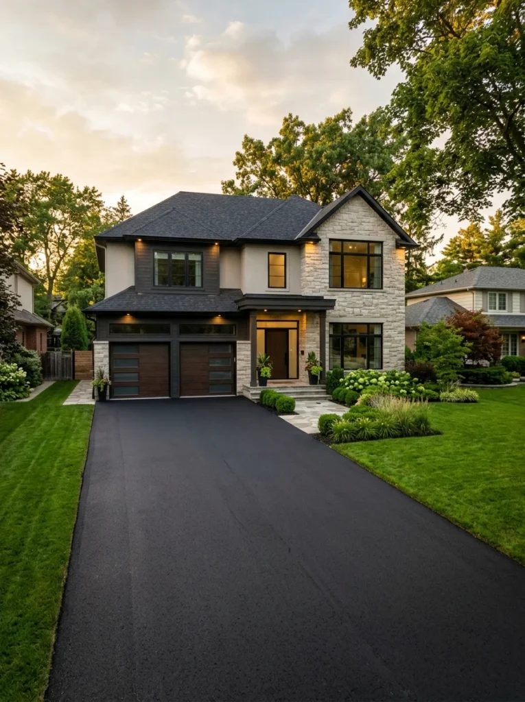 Freshly resurfaced asphalt driveway creating a clean entrance.