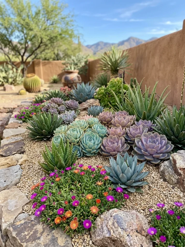 Low-water succulent garden with aloe, echeveria, and agave plants.