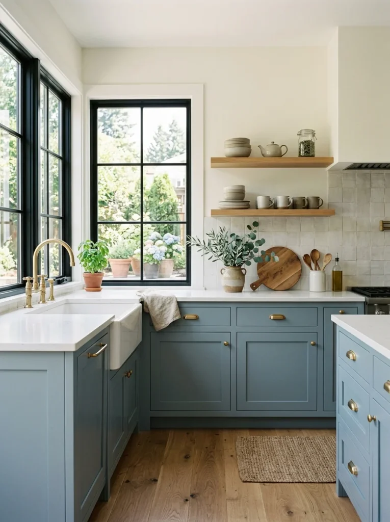 Warm taupe kitchen with creamy countertops and natural wood flooring.