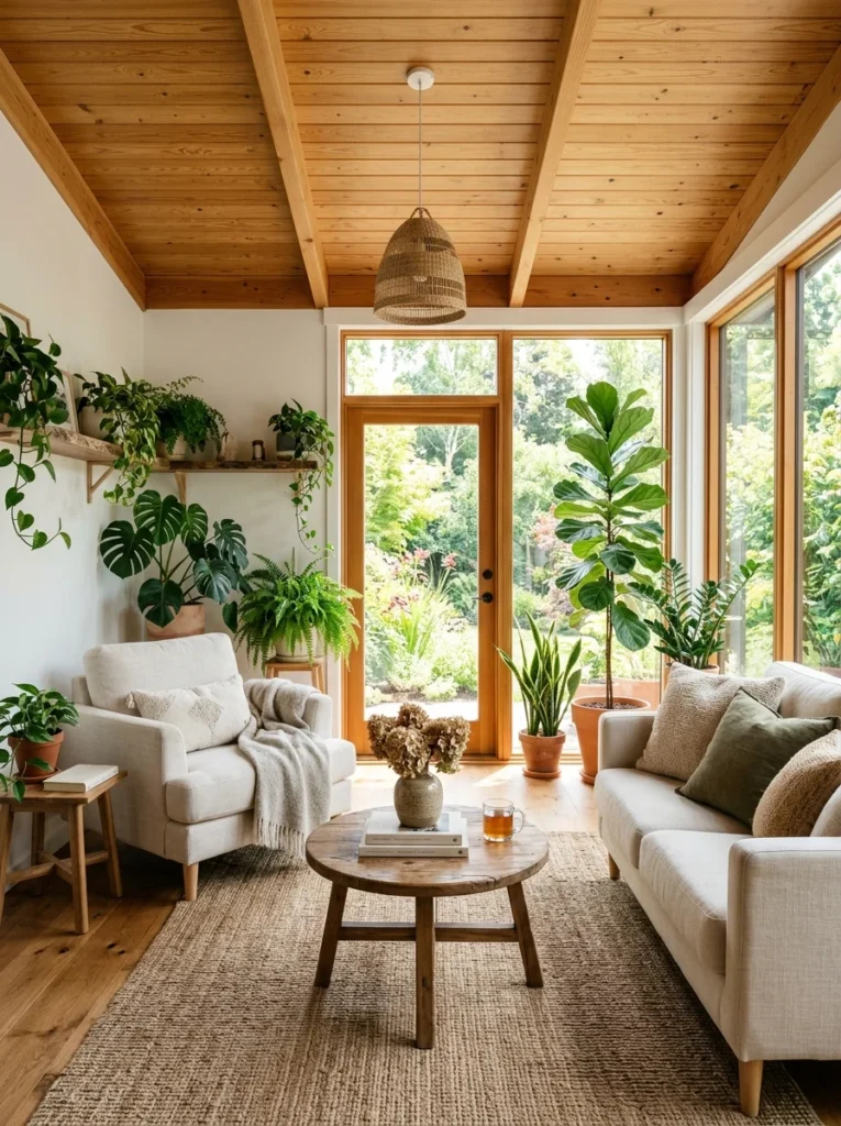 Tongue-and-groove pine ceiling in a bright sunroom.