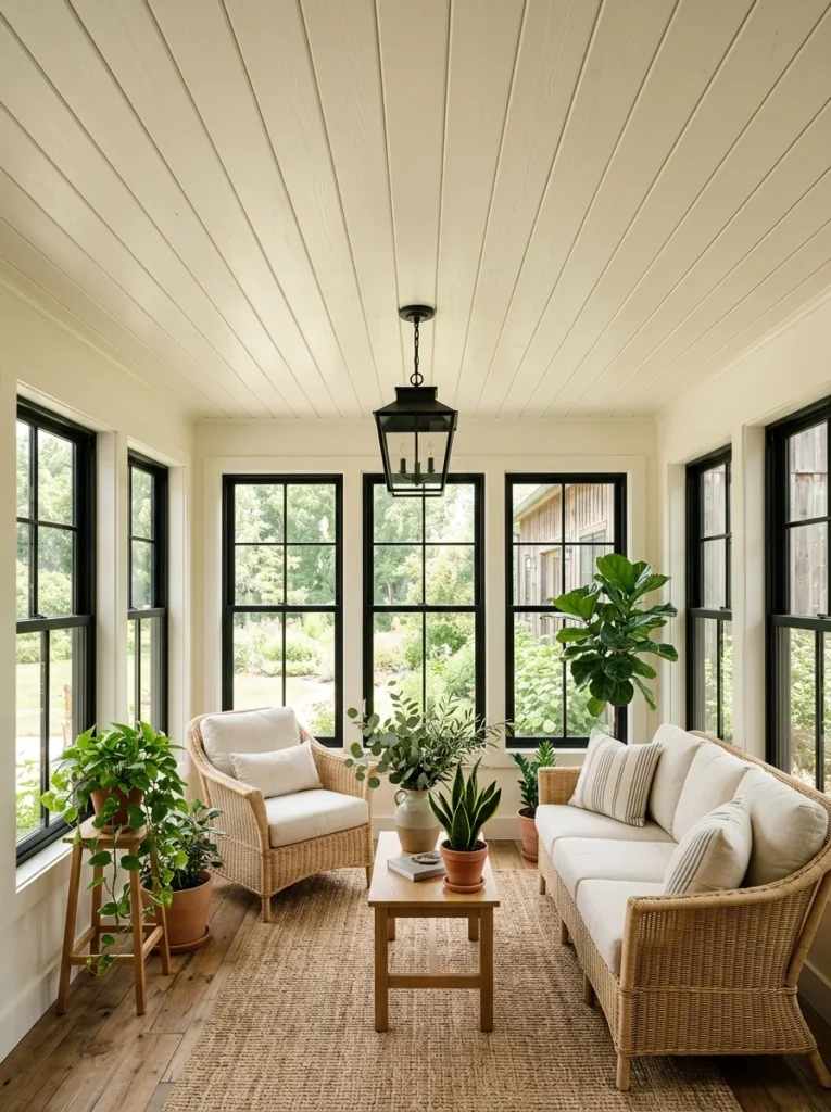 Soft white shiplap ceiling brightening a naturally lit farmhouse-style sunroom.