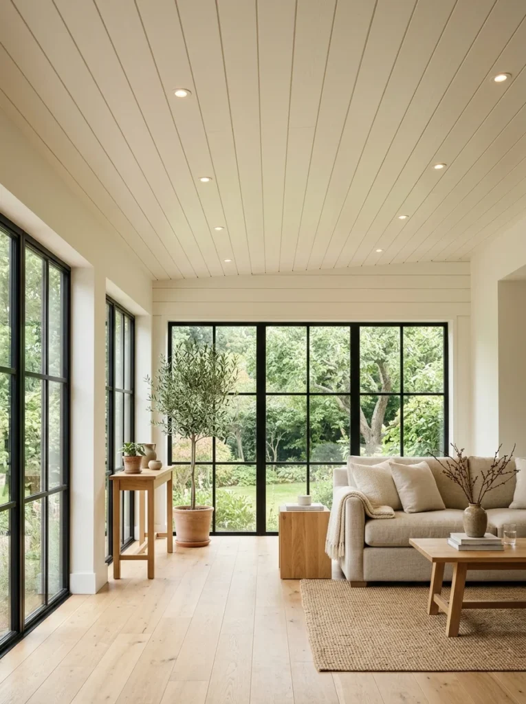 White shiplap sunroom ceiling with evenly spaced recessed lighting.