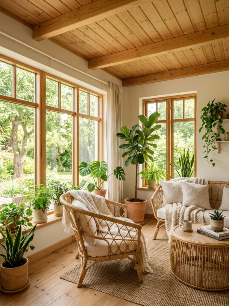 Natural tongue-and-groove pine ceiling in a bright sunroom.