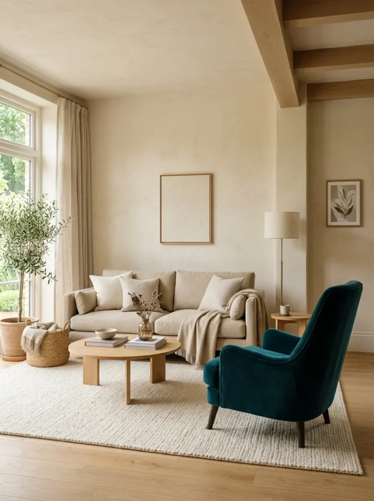 Deep teal accent chair creating bold contrast in a neutral living room.