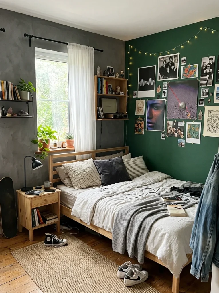 Teen bedroom with charcoal walls and a forest green accent wall reflecting personal style.