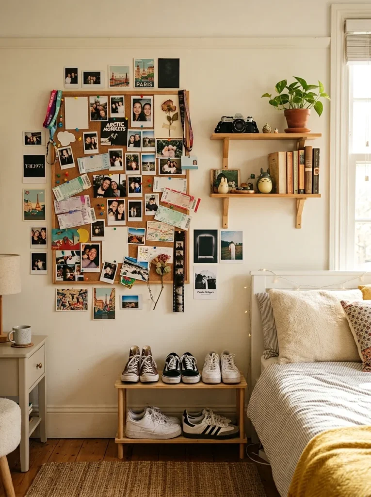 Teen bedroom display wall decorated with photos, tickets, prints, and personal collections.