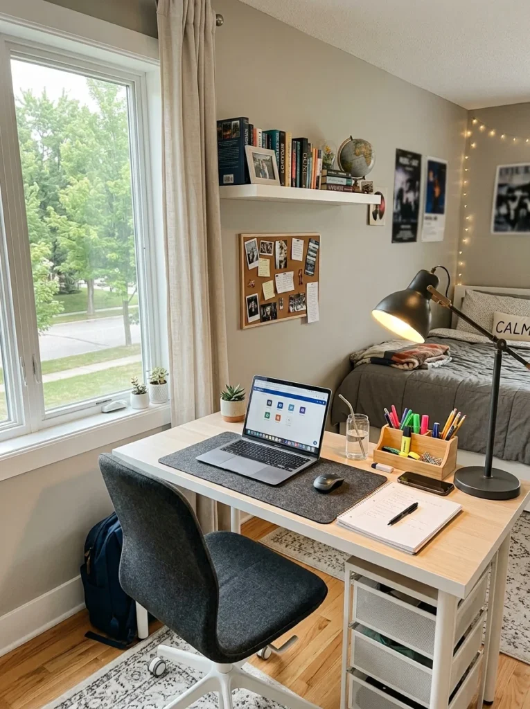 Comfortable teen bedroom study area with an ergonomic chair and practical desk setup.