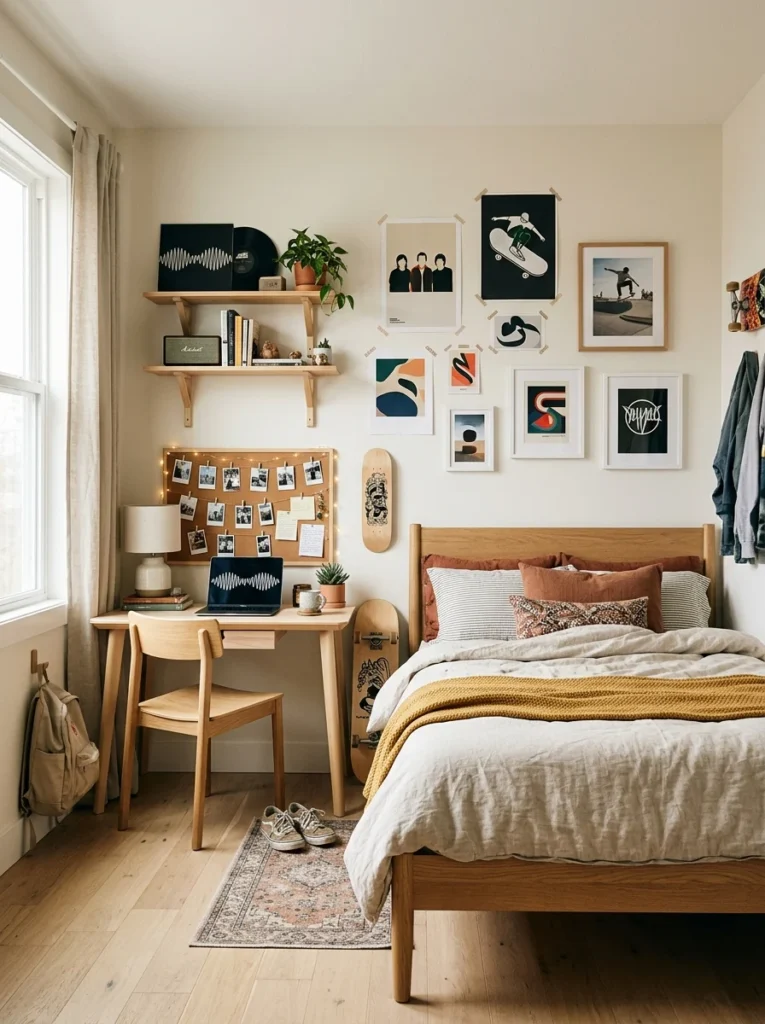 en bedroom with a full-length wall mirror positioned to reflect natural light.