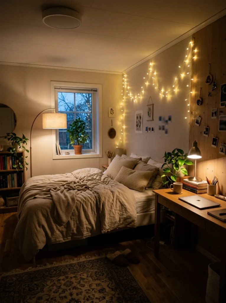 Teen bedroom transformed with warm desk lighting, floor lamp, and soft string lights.