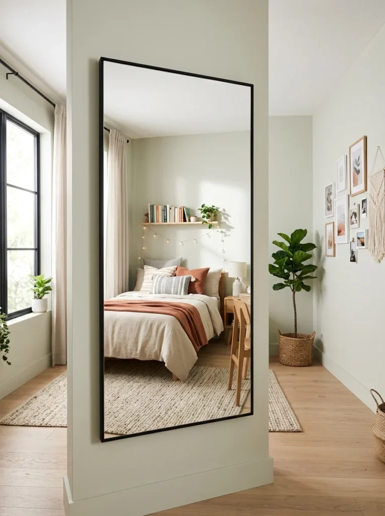 en bedroom with a full-length wall mirror positioned to reflect natural light.