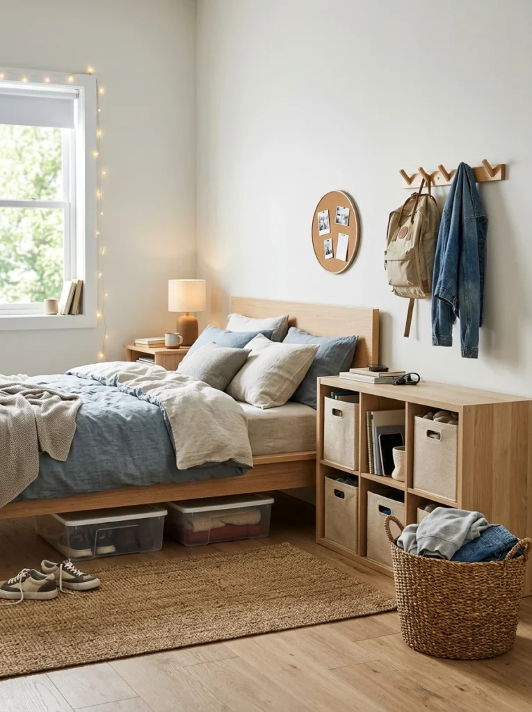 Organized teen bedroom with open storage bins, baskets, hooks, and practical everyday organization.