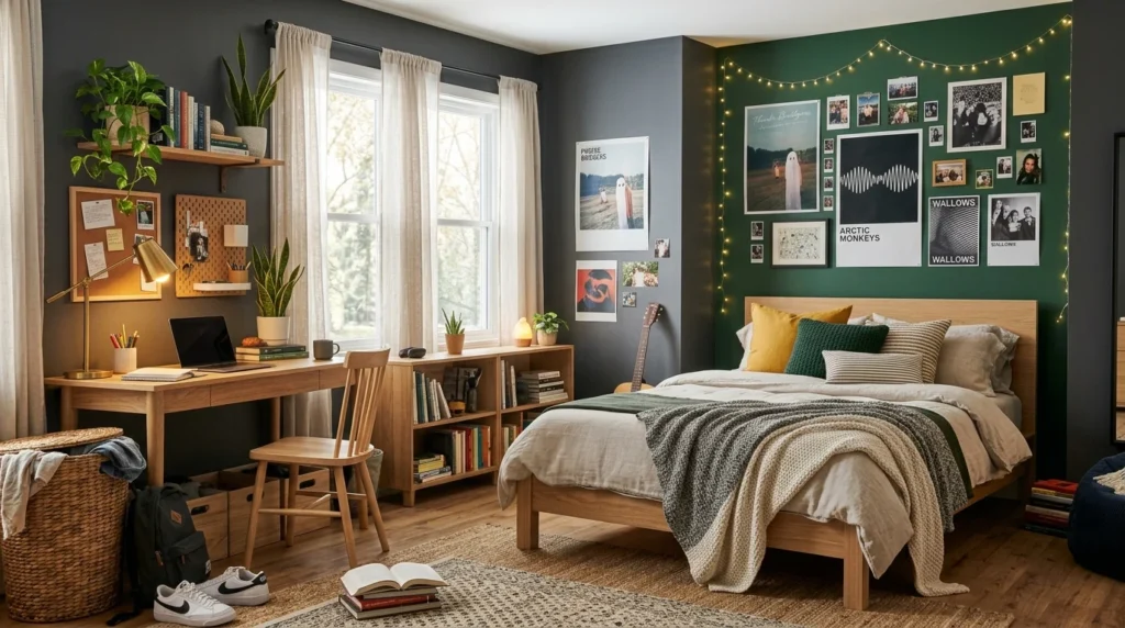 Stylish teen bedroom with study desk, cozy lighting, personal display wall, practical storage, and comfortable decor.