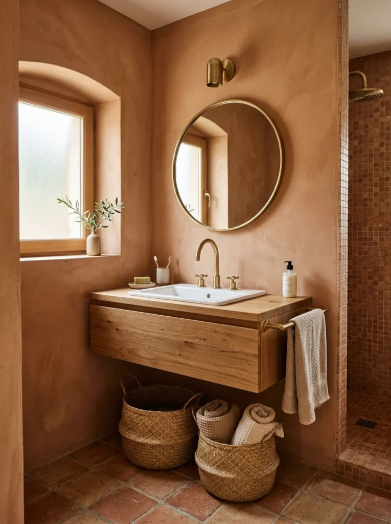 Warm terracotta bathroom with oak vanity and brass hardware.