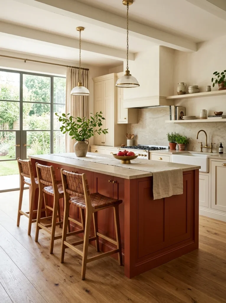Deep terracotta kitchen island creating contrast against neutral cream cabinets.