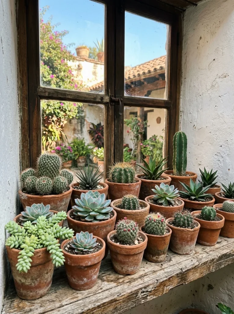 Terracotta pots filled with cacti and succulents.