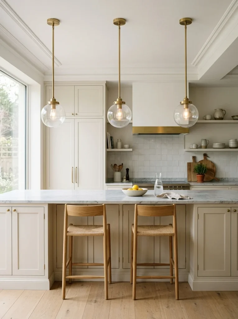Three evenly arranged pendant lights creating a balanced kitchen island design.