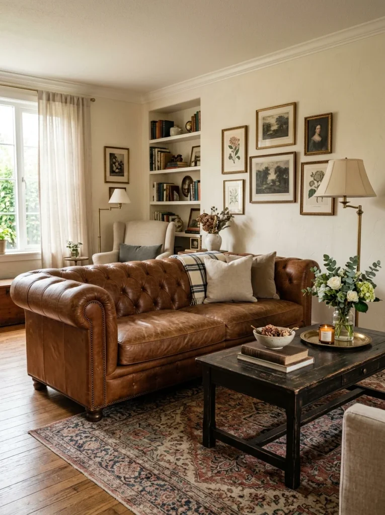 Cognac Chesterfield leather sofa adding warmth and character to a living room.