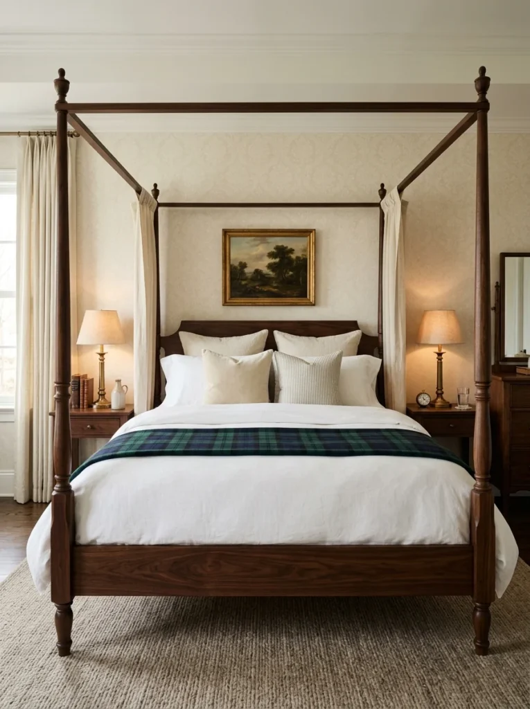 Dark wood four-poster bed layered with white linens, plaid bedding, and cream canopy fabric.