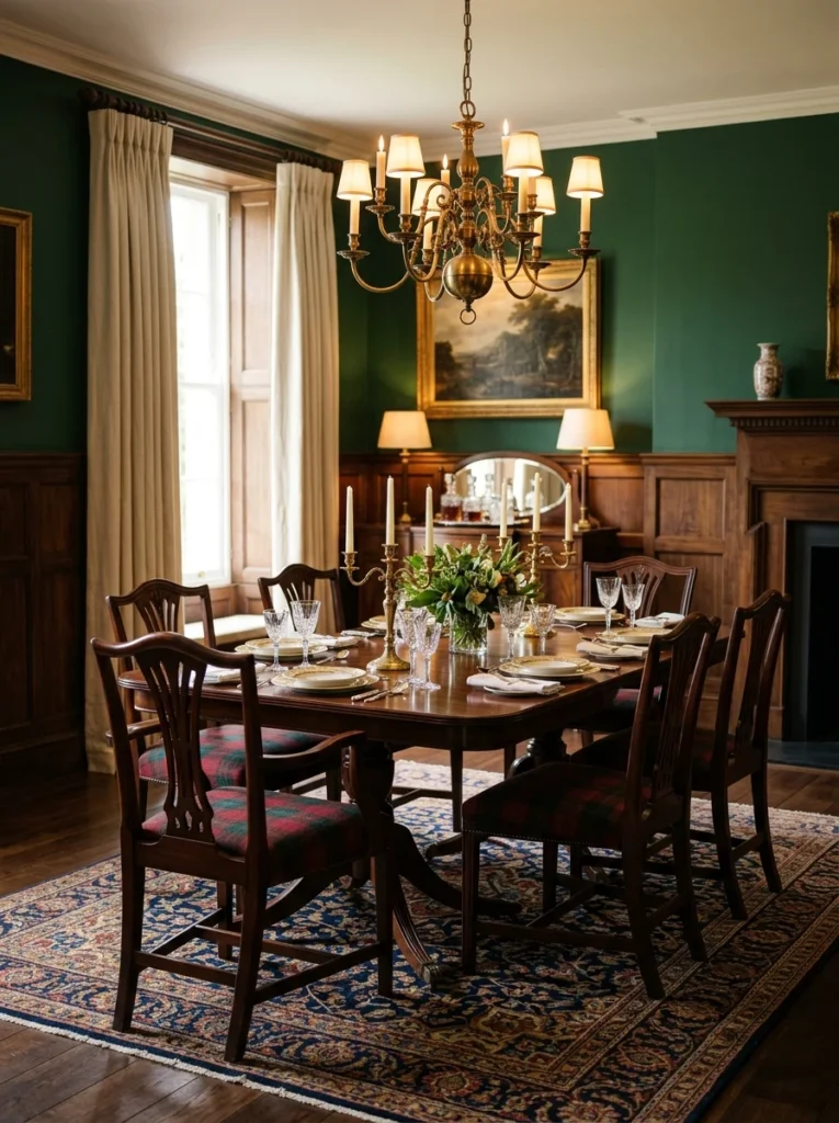 Dark wood dining chairs with red and green tartan upholstery in an elegant traditional dining room.
