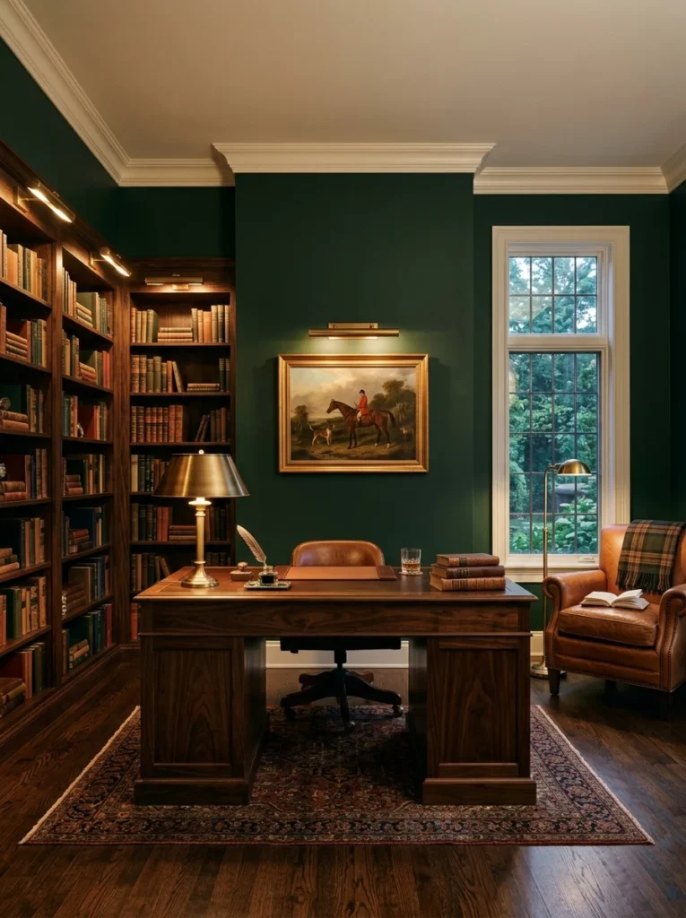 Deep hunter green home study with dark wood furniture, cognac leather, and brass accents.