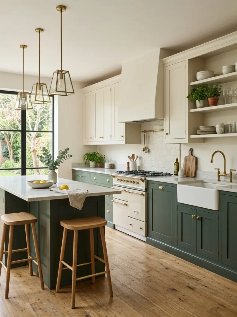 Warm gray kitchen cabinets creating a balanced and timeless neutral design.

17. Mustard as a Bold Island Color