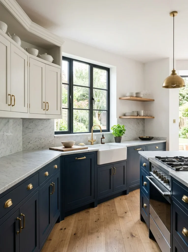 itchen with deep navy lower cabinets and warm white upper cabinetry.