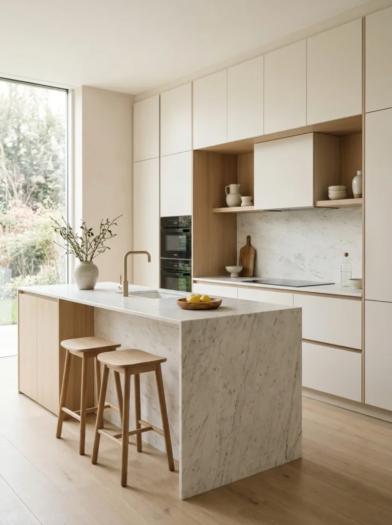 : Kitchen cabinets extending to the ceiling.
