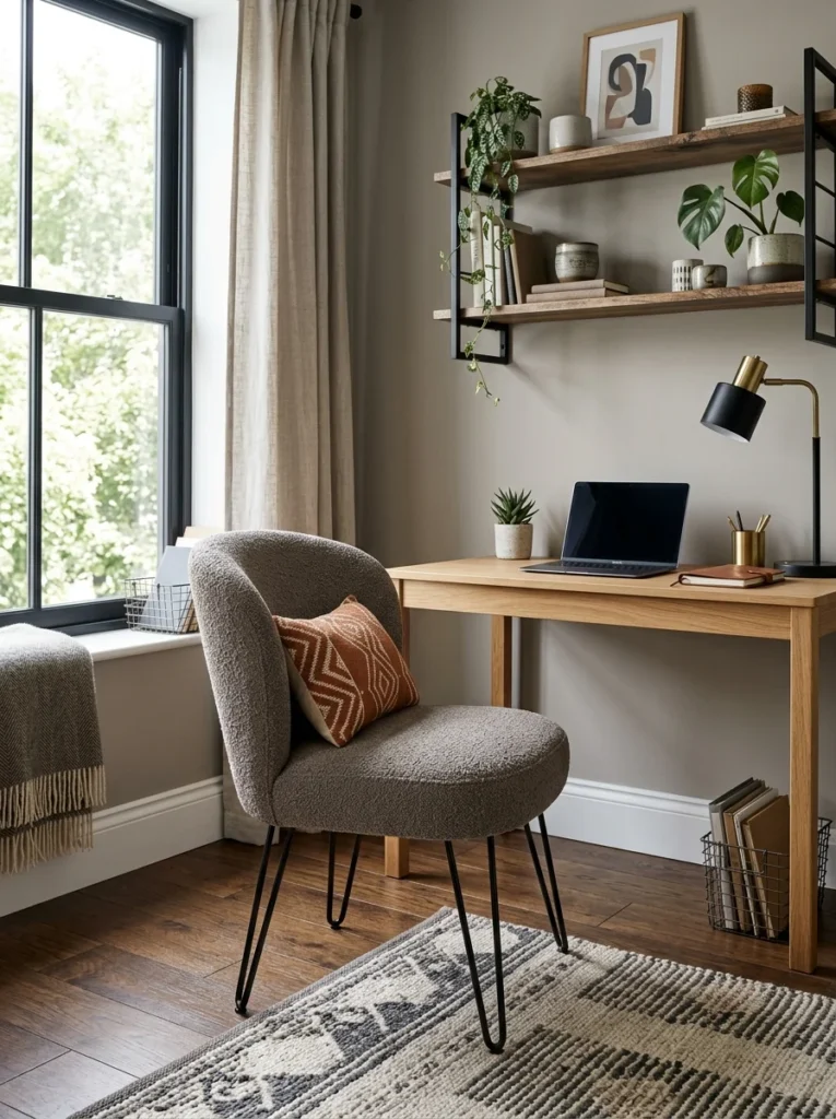 Modern accent chair featuring unusual black metal hairpin legs.