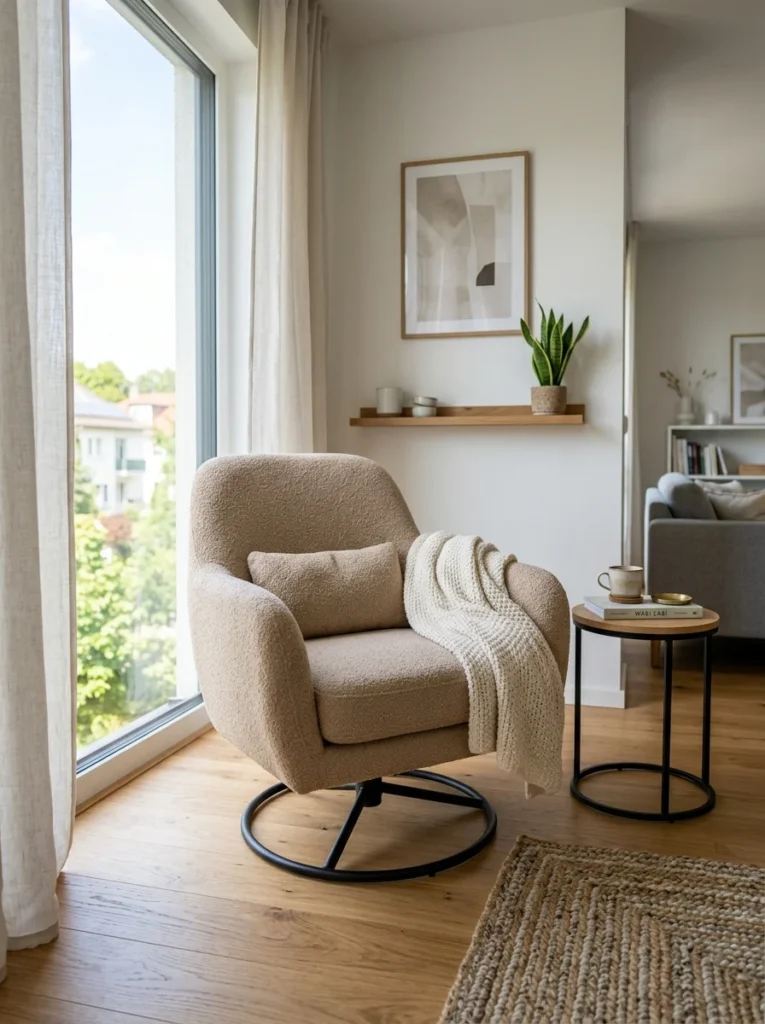 Upholstered lounge chair with a swivel base positioned beside a bright window.
