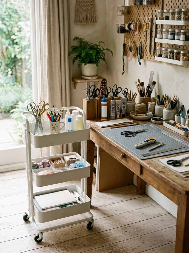 Rolling craft cart storing everyday crafting tools.
