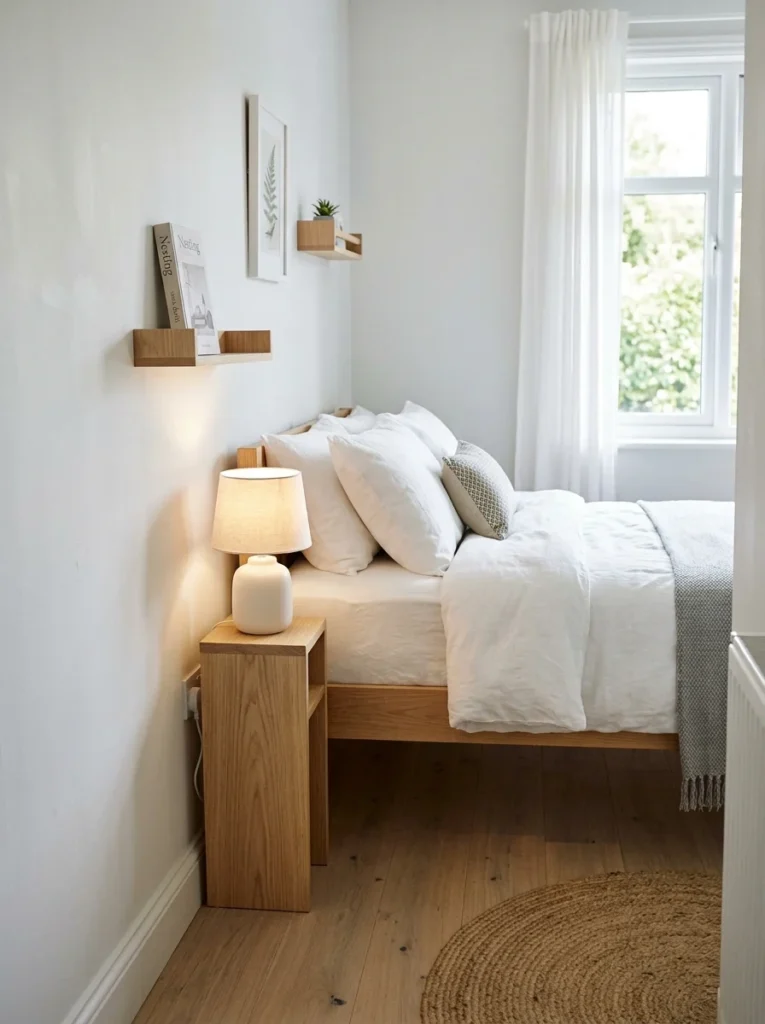 Slim bedside table saving valuable floor space in a narrow bedroom.