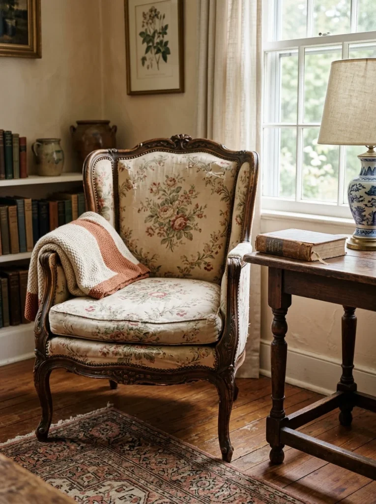 Vintage armchair with aged upholstery and a unique secondhand character.