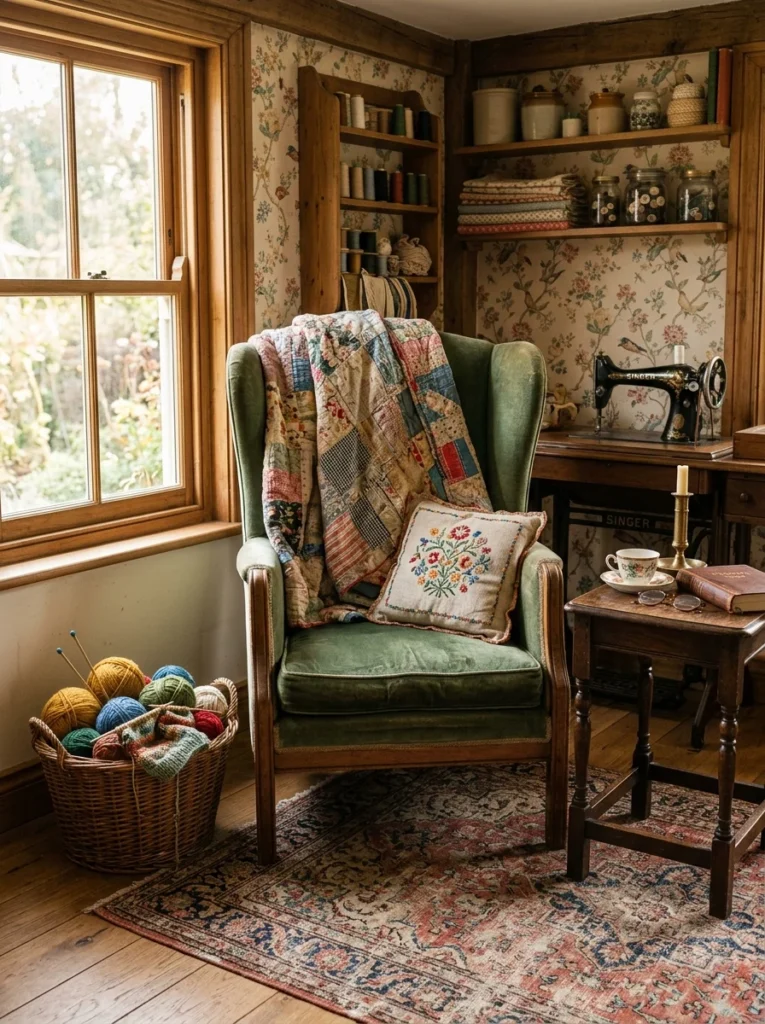 Antique brass task lamp providing focused lighting at a vintage sewing table.