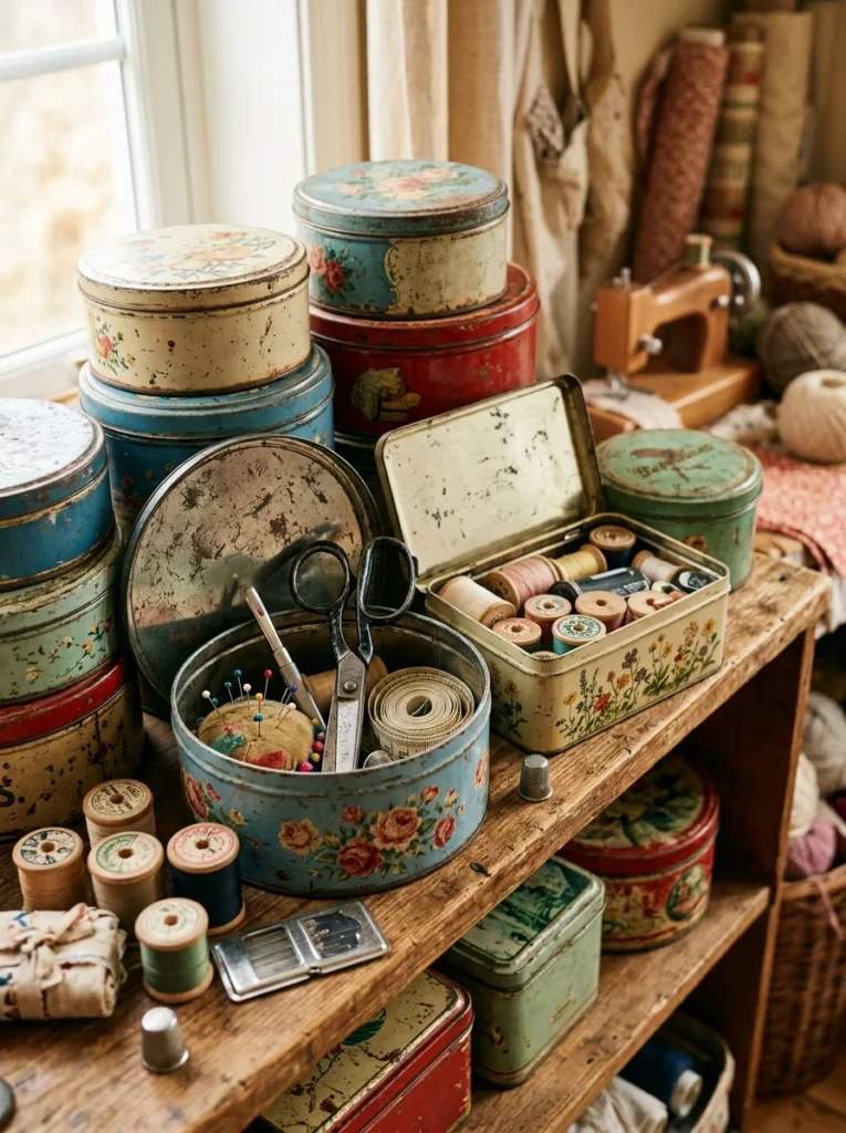 Vintage metal tins organizing small sewing and craft tools.
