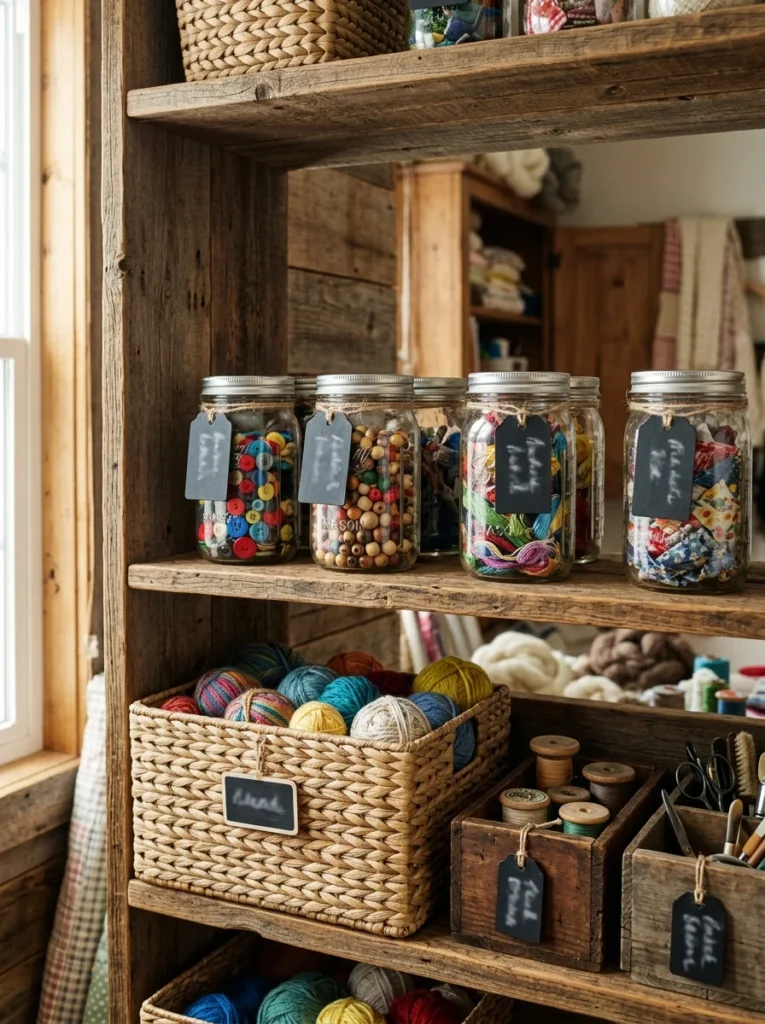 Chalkboard tags and twine labeling vintage craft room storage containers.