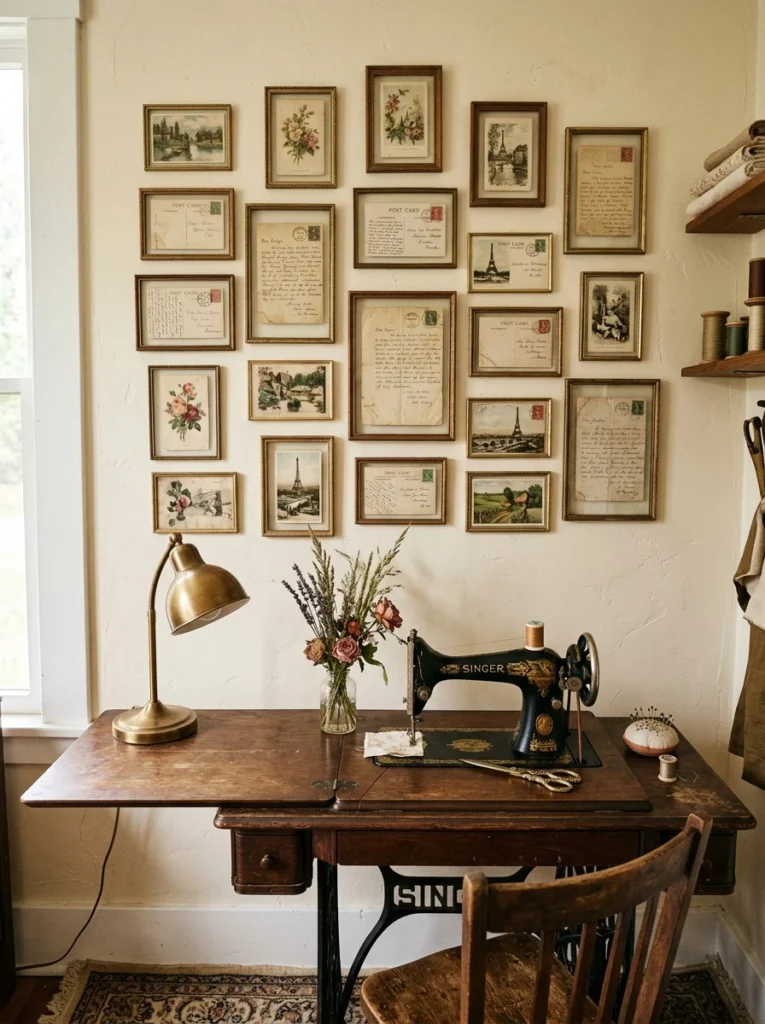 Framed vintage postcards and letters used as craft room wall art.
