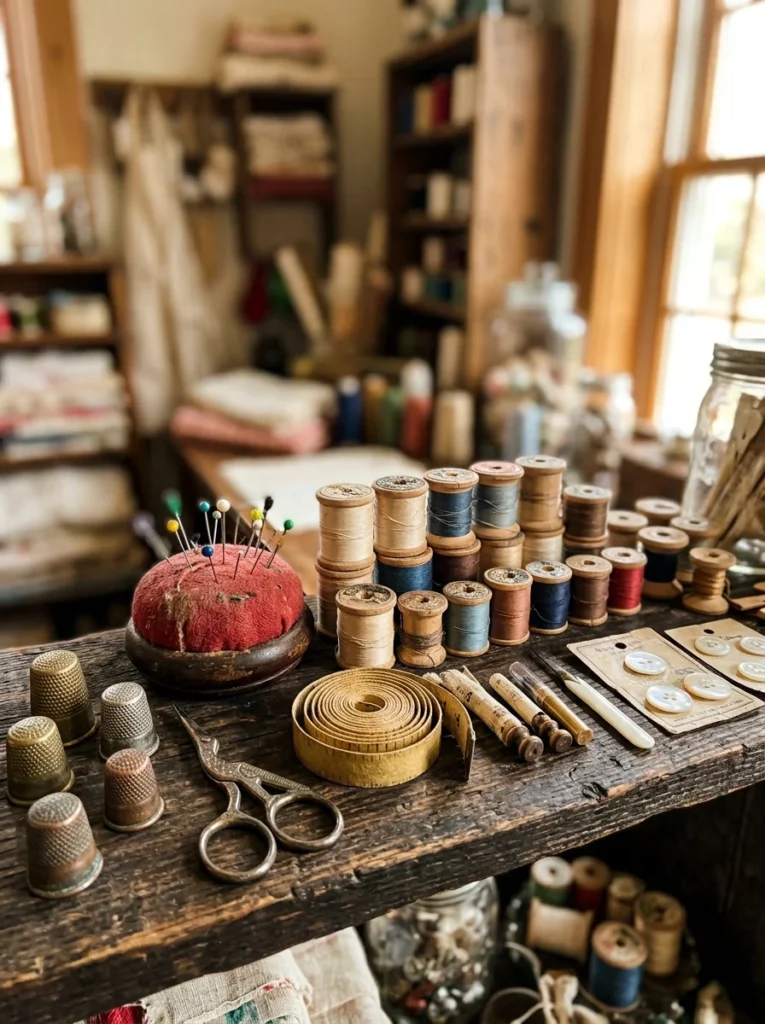 Vintage thread spools, thimbles, measuring tapes, and sewing notions displayed on a craft room shelf.