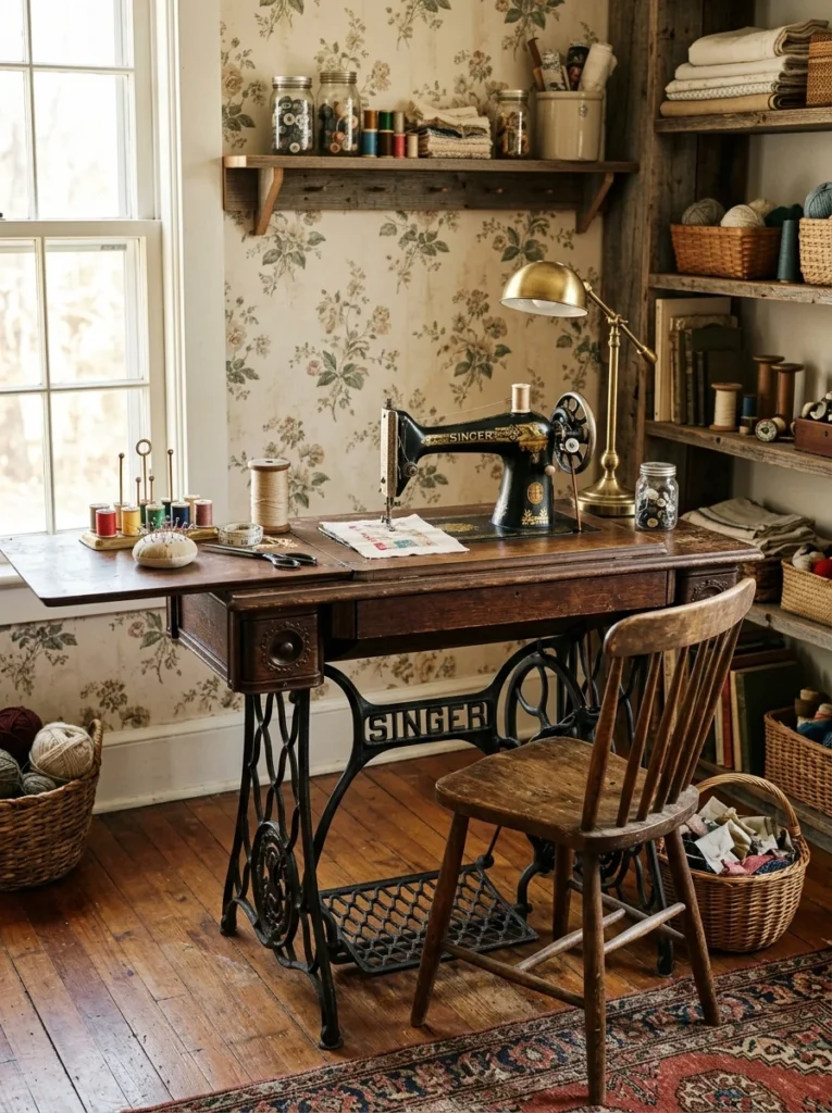 Cozy vintage craft room centered around an authentic antique treadle sewing table made from aged dark wood with an original decorative cast iron pedal mechanism underneath, sewing supplies arranged naturally across the tabletop, muted floral wallpaper behind the table, vintage brass task lamp, small wooden chair, reclaimed wood shelves nearby, warm afternoon window light, aged hardwood floor, collected and lived-in atmosphere, realistic editorial interior photography, highly detailed vintage textures, no people, no text, vertical 2:3 ratio