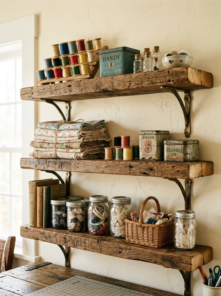 Reclaimed wood shelves providing rustic storage in a vintage craft room.