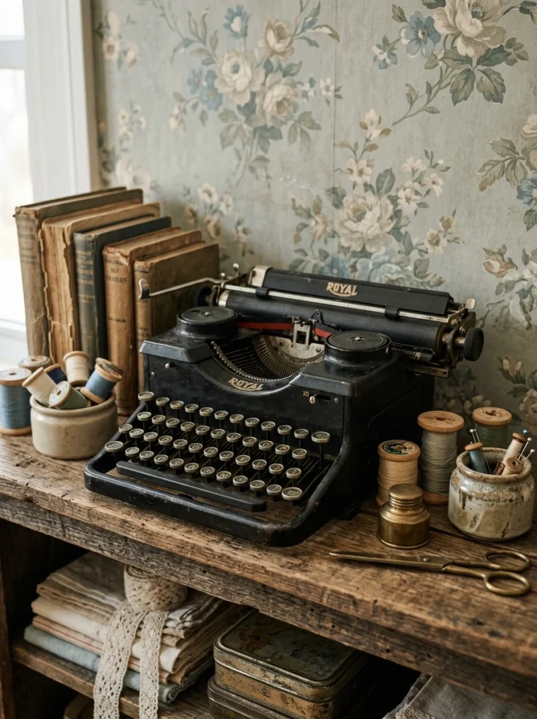 Vintage typewriter displayed on a shelf as nostalgic craft room deco