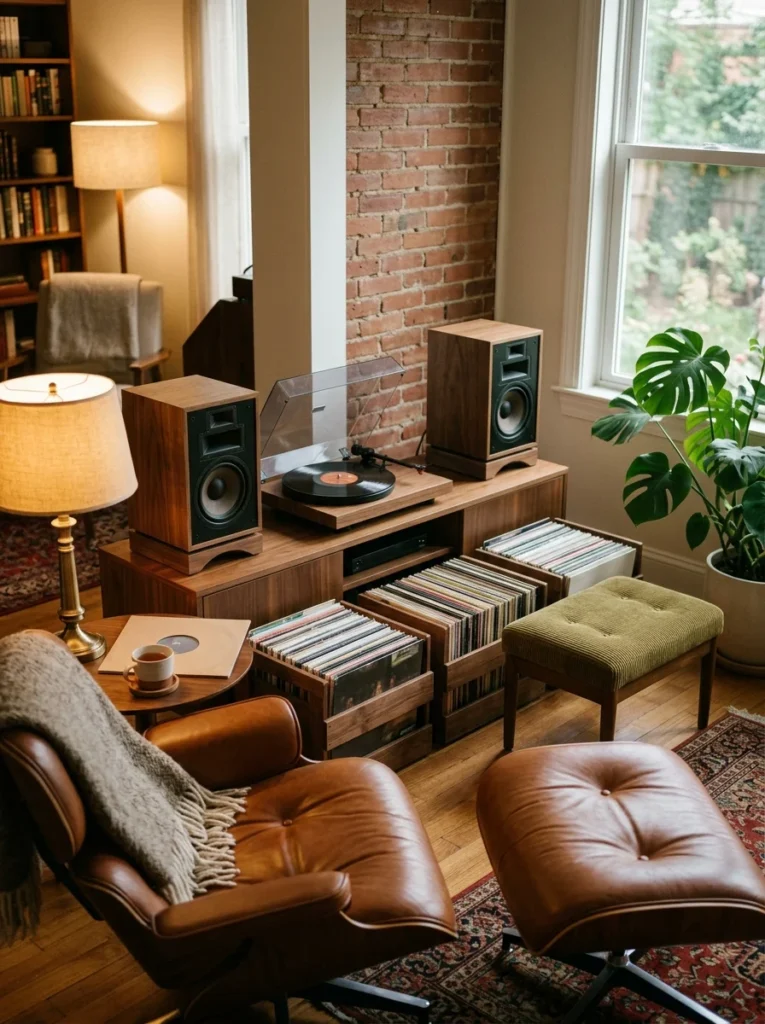 Vinyl record listening corner with turntable, upright album storage, speakers, and comfortable lounge chair.